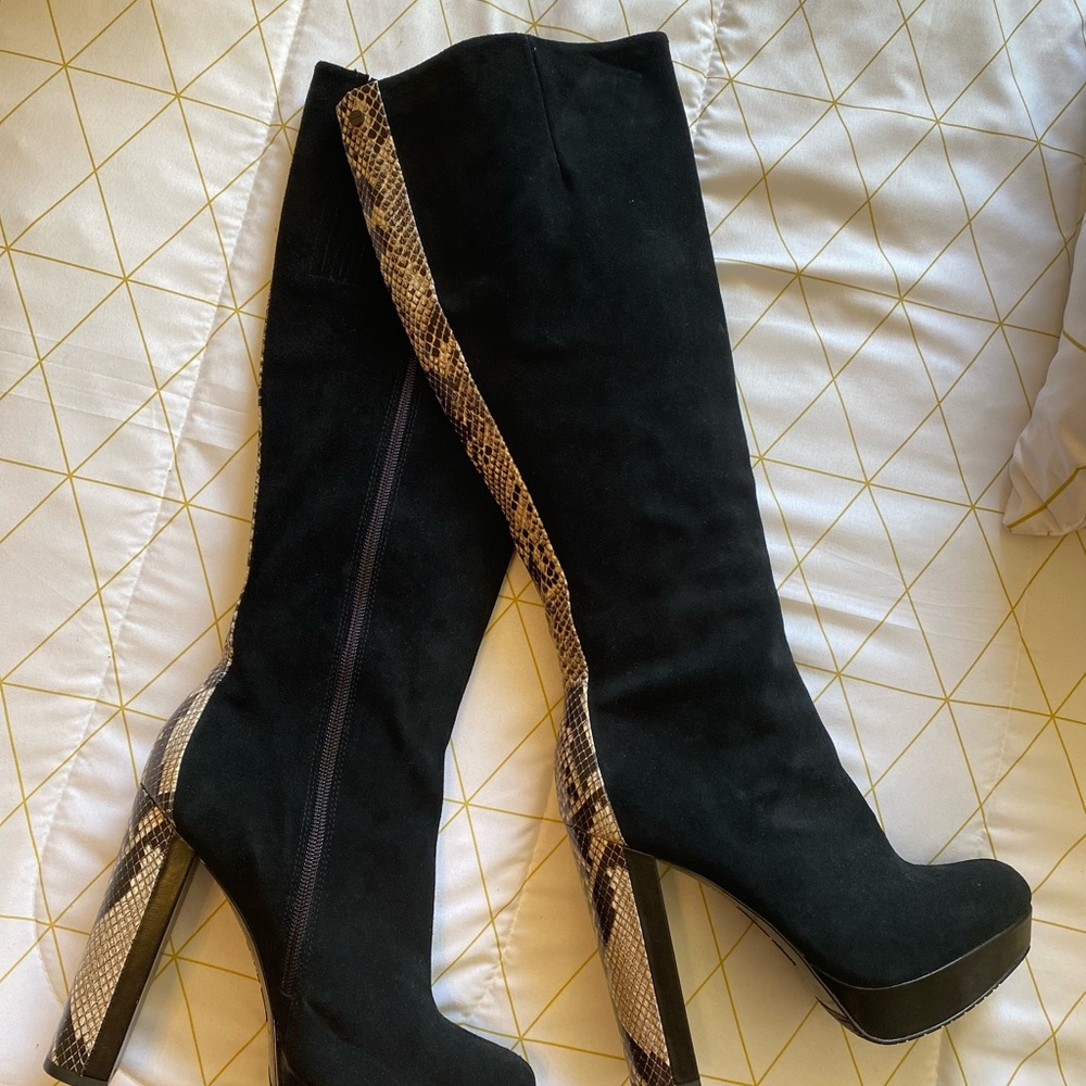 Calvin Klein suede/snakeskin accent boot, platform heel